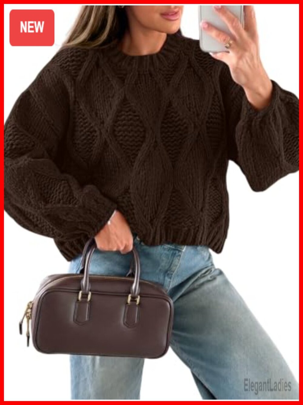 Cropped Cable Knit Sweater Oversized Loose Fit Crew Neck Pullover